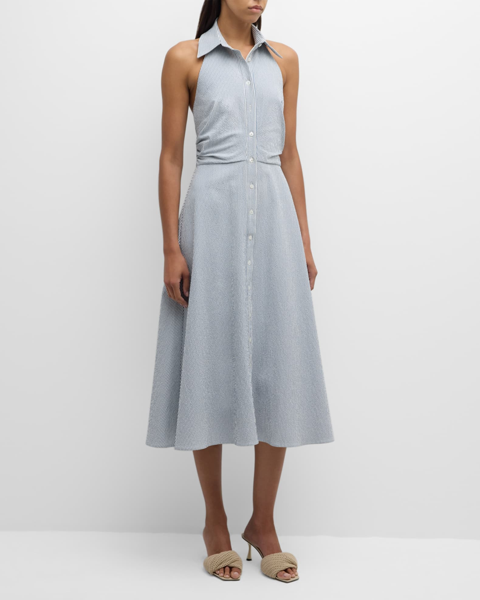 Veronica Beard Mackey Sleeveless Seersucker Midi Dress | Neiman Marcus