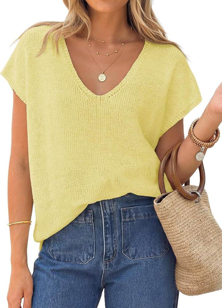 ZESICA Summer Short Sleeve Sweater for Women 2026 Casual V Neck Oversized Sweater Vest Lightweigh... | Amazon (US)