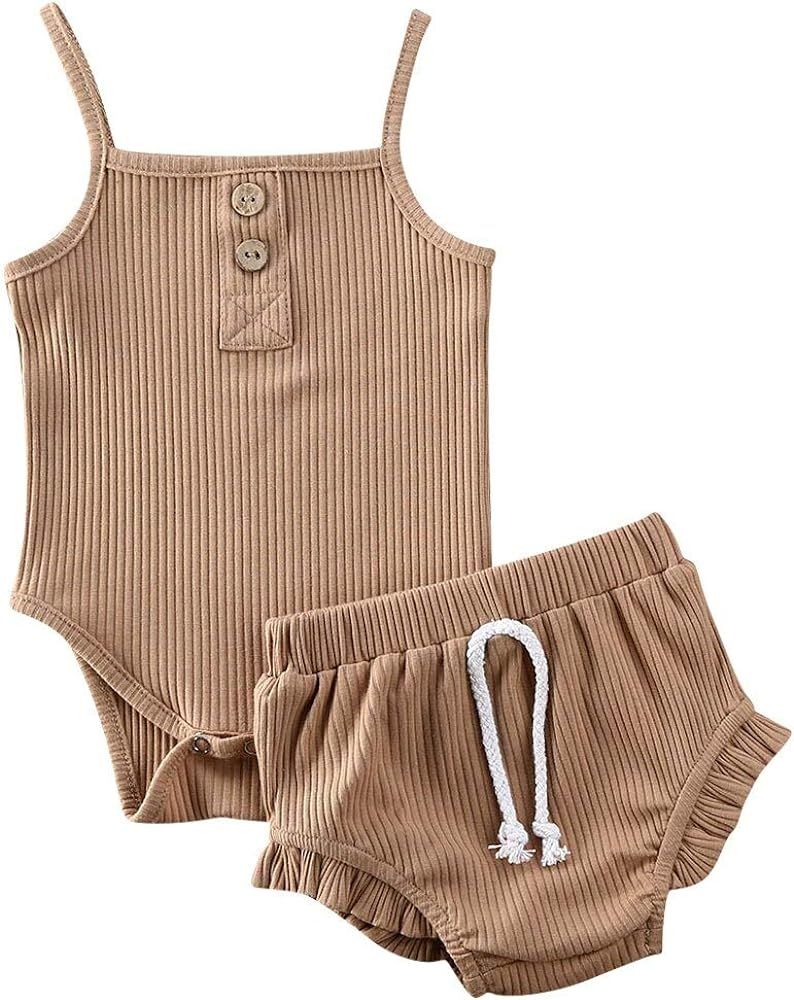 2PCS Baby Girls Clothes Set Strap Solid Top Jumpsuit Bloomers Short Sets Summer Outfit Clothes 0-... | Amazon (US)