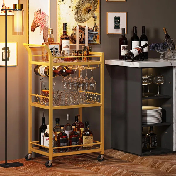 Bar Cart Gold, 2 Tier Bar Carts, With Wheels | Wayfair North America