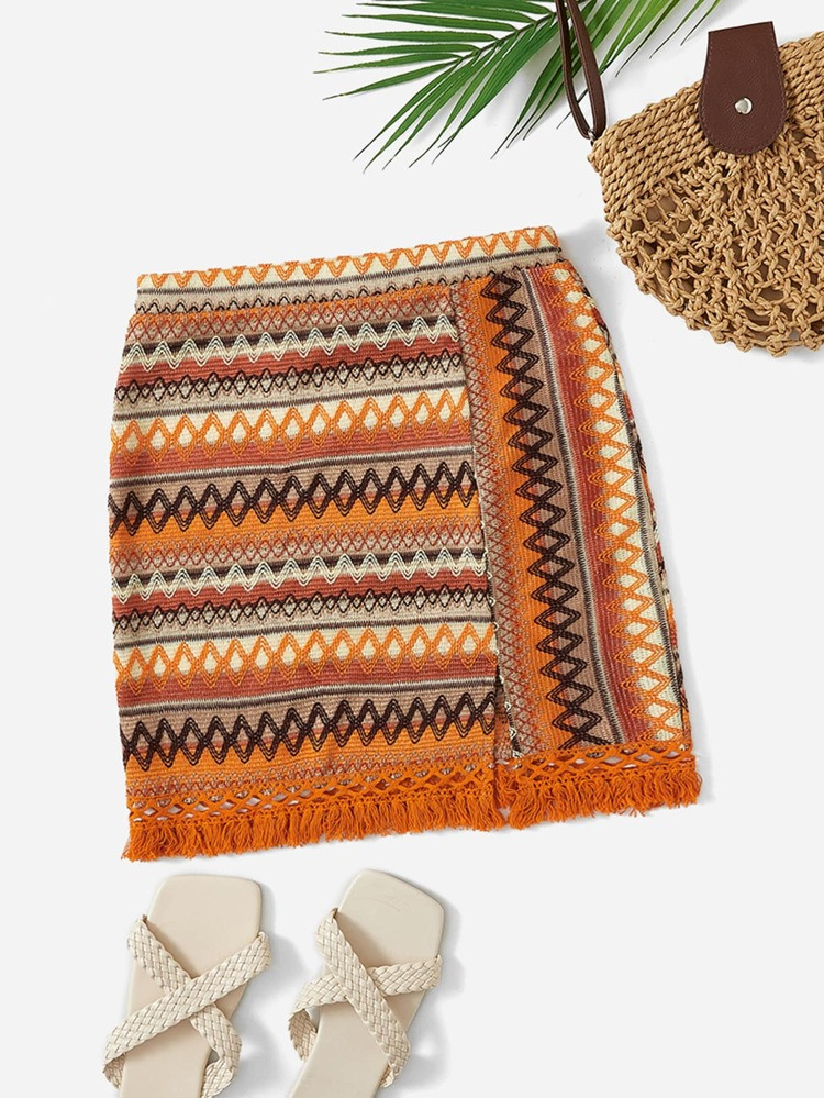 SHEIN VCAY Plus Chevron Embroidery Colorblock Fringe Trim Split Hem Skirt | SHEIN