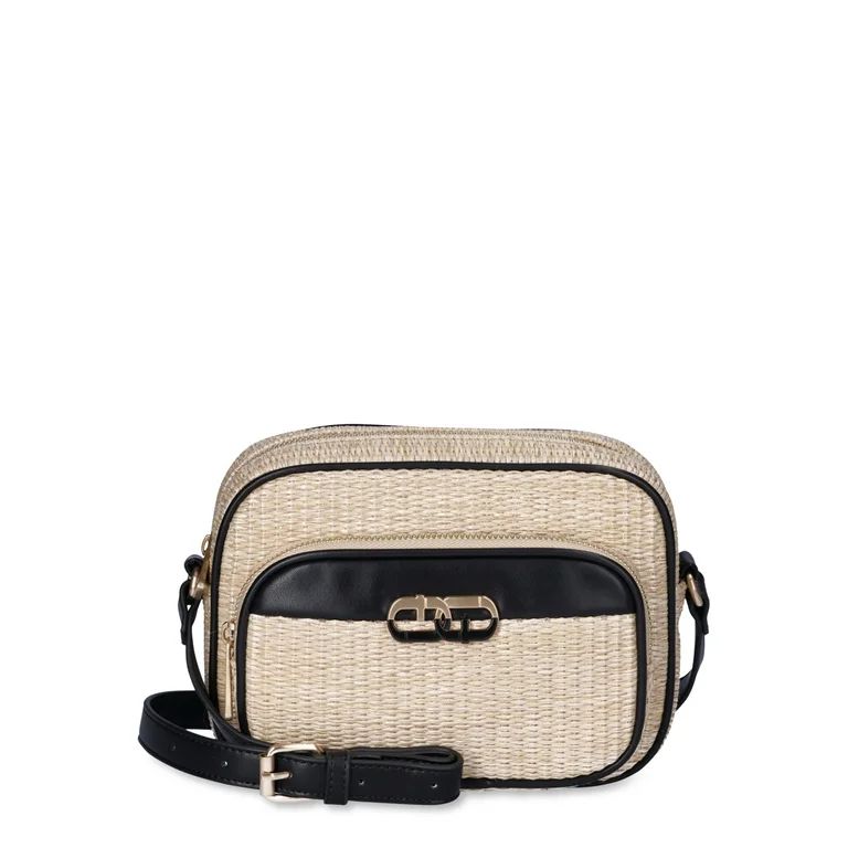 Time and Tru Women's Dorian Camera Crossbody Handbag, Tan Straw - Walmart.com | Walmart (US)