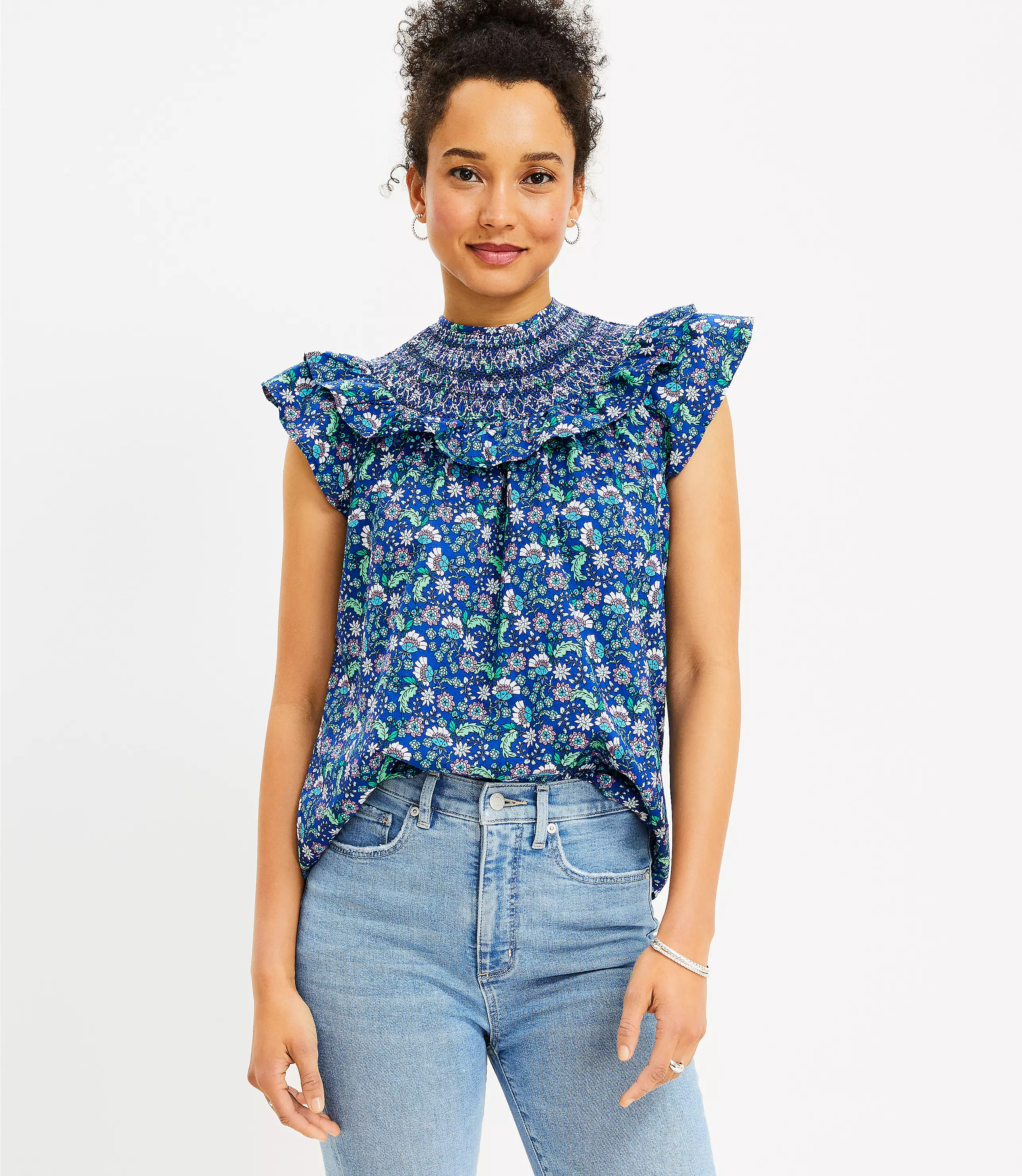 Petite Floral Smocked Ruffle Yoke Top | LOFT