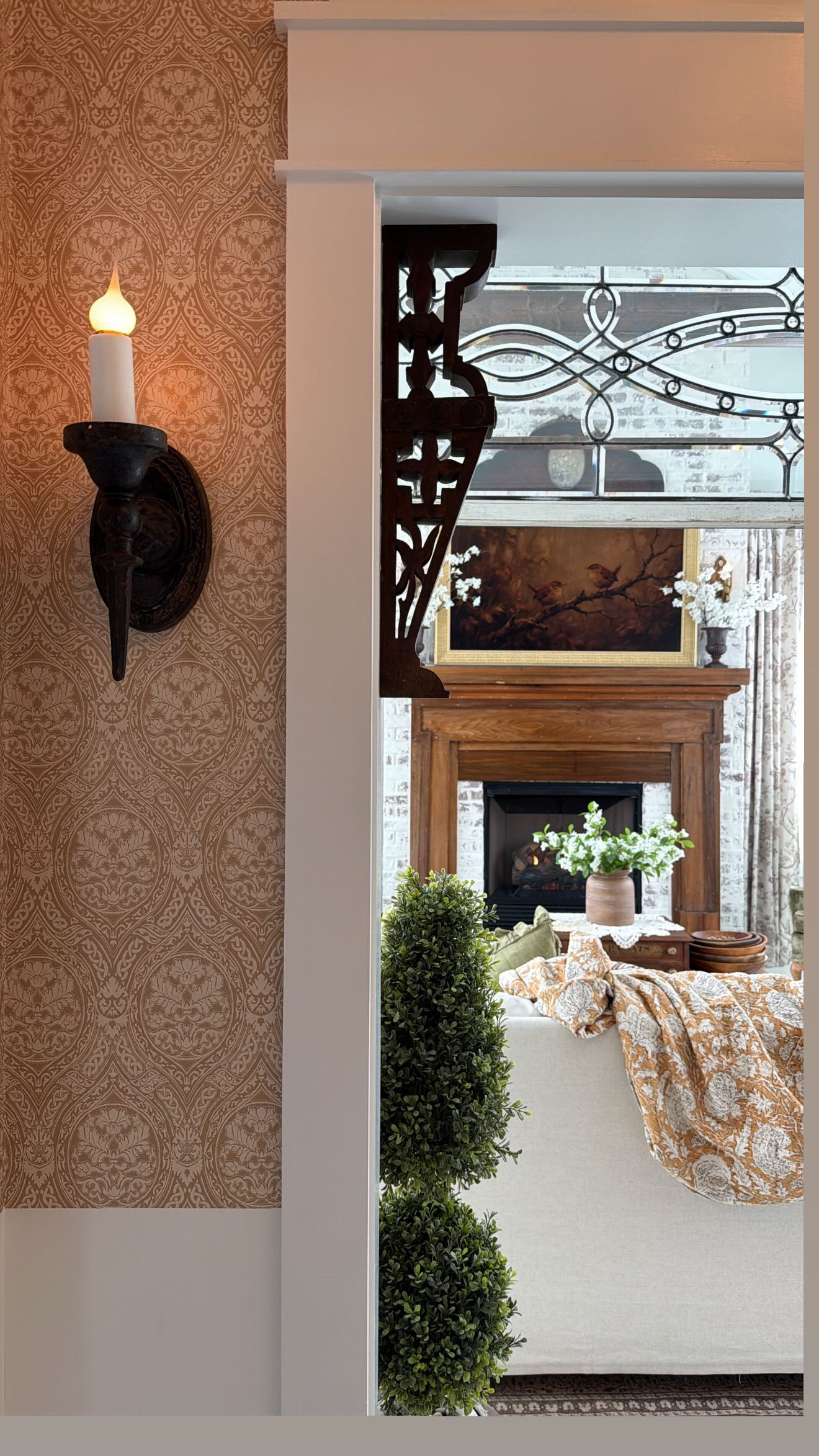 We are currently wallpapering this space, and I wanted to highlight a few of the pieces that really give life to this space in our home: our antique wall sconces, corbels, and stained glass window. I have rounded up a bunch of similar ones to inspire your own space.  

 #LTKstorytime #LTKHome