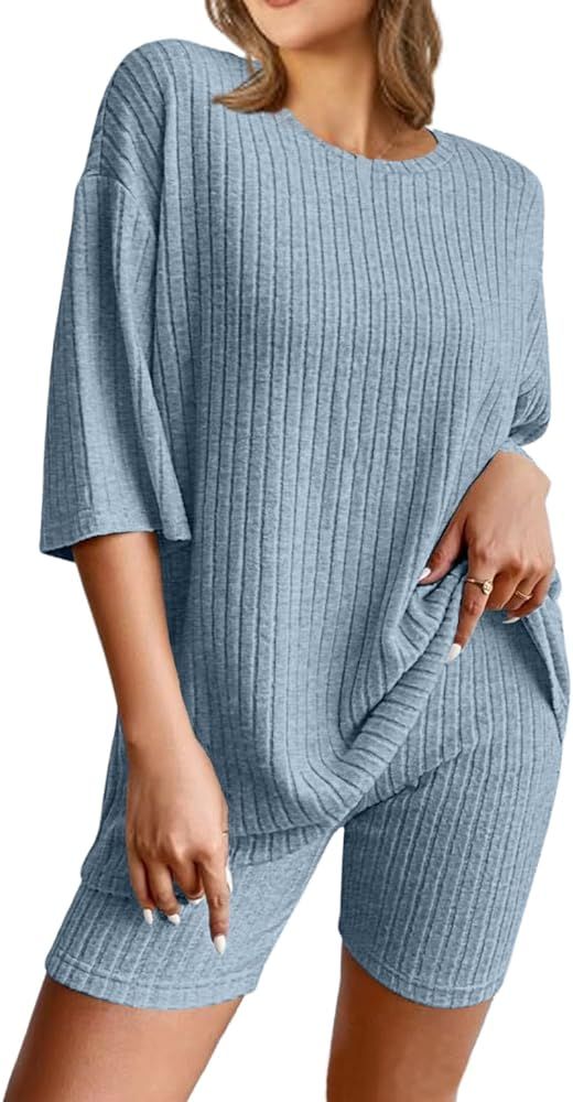 NORACORA Pajamas 2 Piece Lounge Sets Ribbed Knit for Women Matching T-shirt Shorts Outfits Sleepw... | Amazon (US)