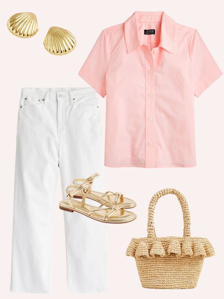 Cutest spring outfit, pink top, white wide leg jeans, gold sandals, ruffle raffia bag, gold shell earrings 

#LTKfindsunder100 #LTKsalealert #LTKfindsunder50
