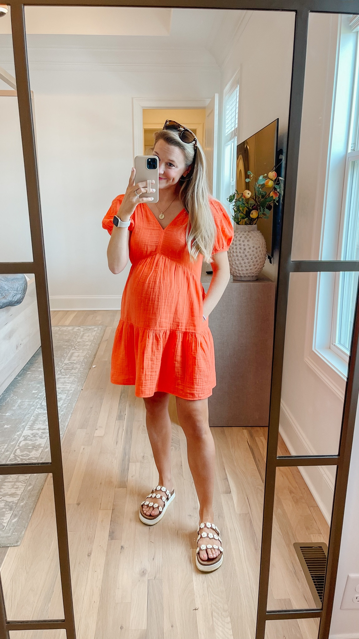 knee length dresses for ladies Crinkle Gauze V-Neck Empire Waist Balloon Sleeve Dress-Gardenia – Tribal®  Fashion main image 1