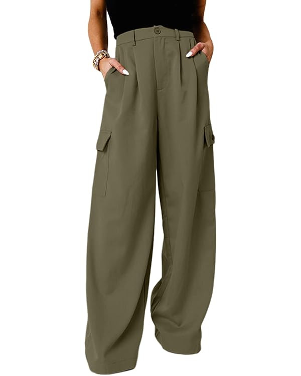 Dokotoo Womens High Waisted Wide Leg Cargo Pants Baggy Casual Trendy Work Pants with 4 Pockets | Amazon (US)