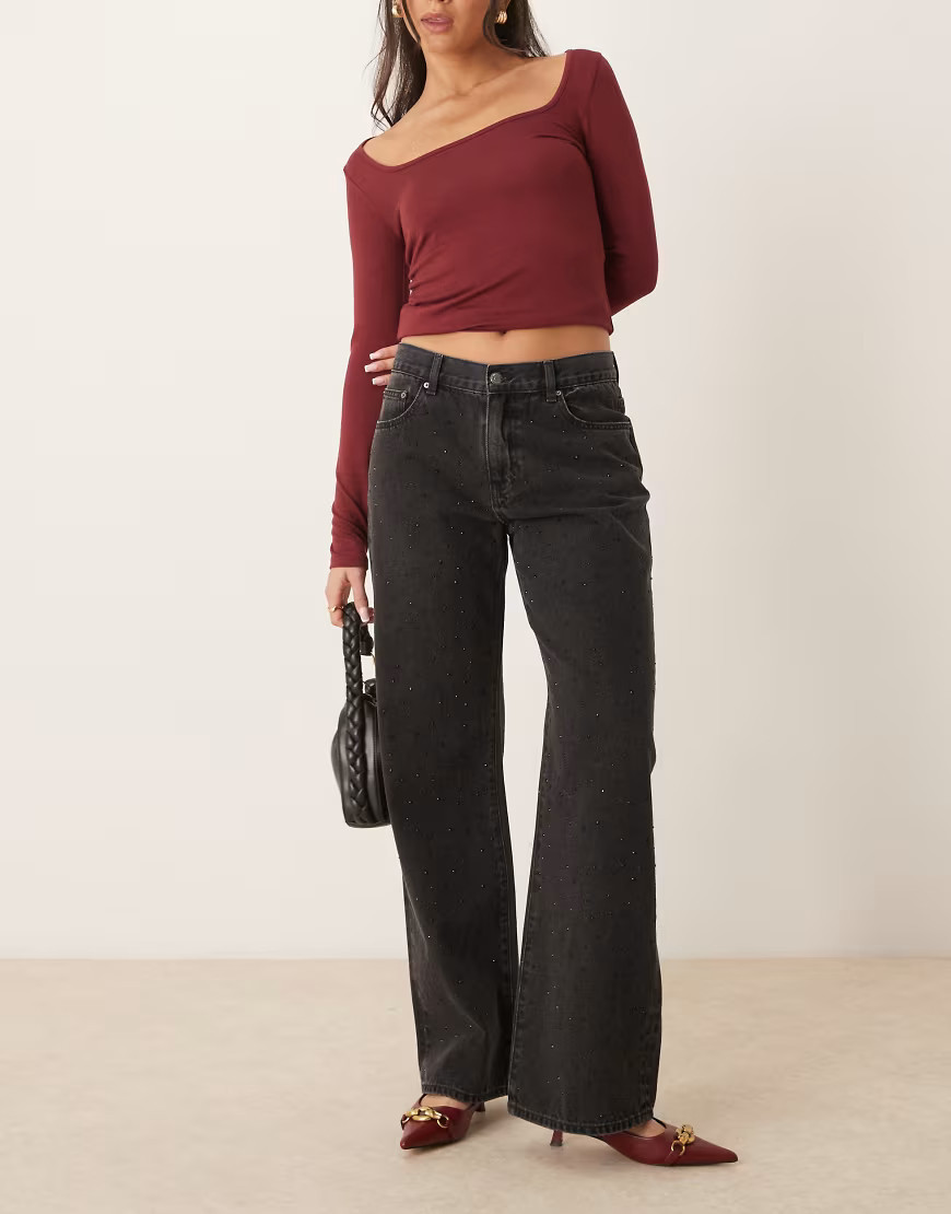 Gina Tricot low waist wide leg jeans in washed black with crystal embellishment | ASOS (Global)