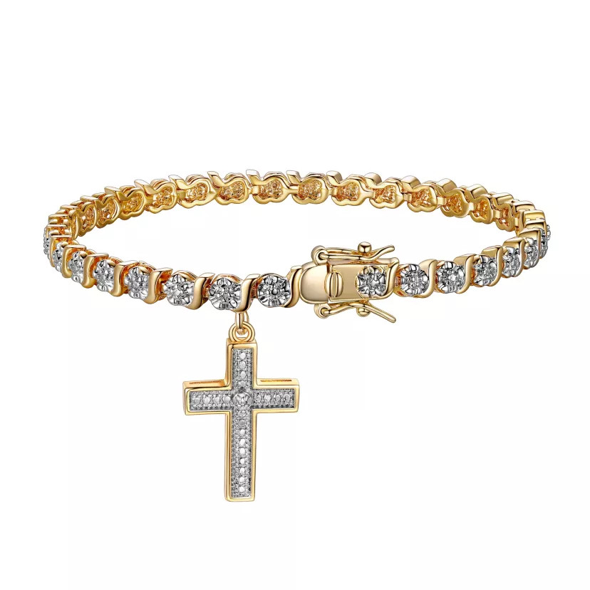 Diamond Accent Cross Bracelet in Silver, 18K Yellow Gold or 18K Rose Gold Over Bronze | Belk