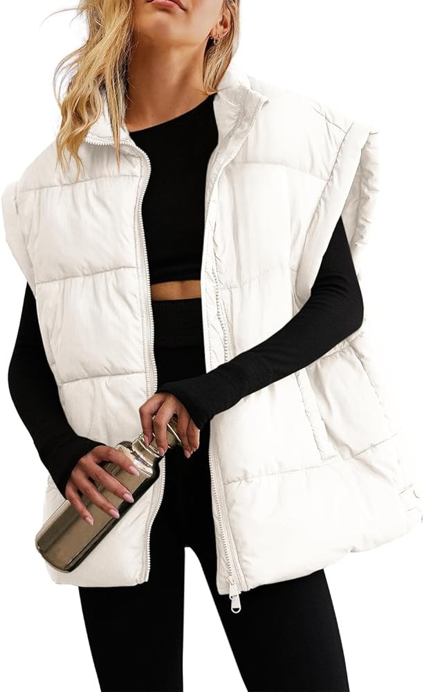 ReachMe Womens Oversized Puffer Vests Stand Collar Puffy Vest Tops Cap Sleeve Quilted Jacket Wint... | Amazon (US)