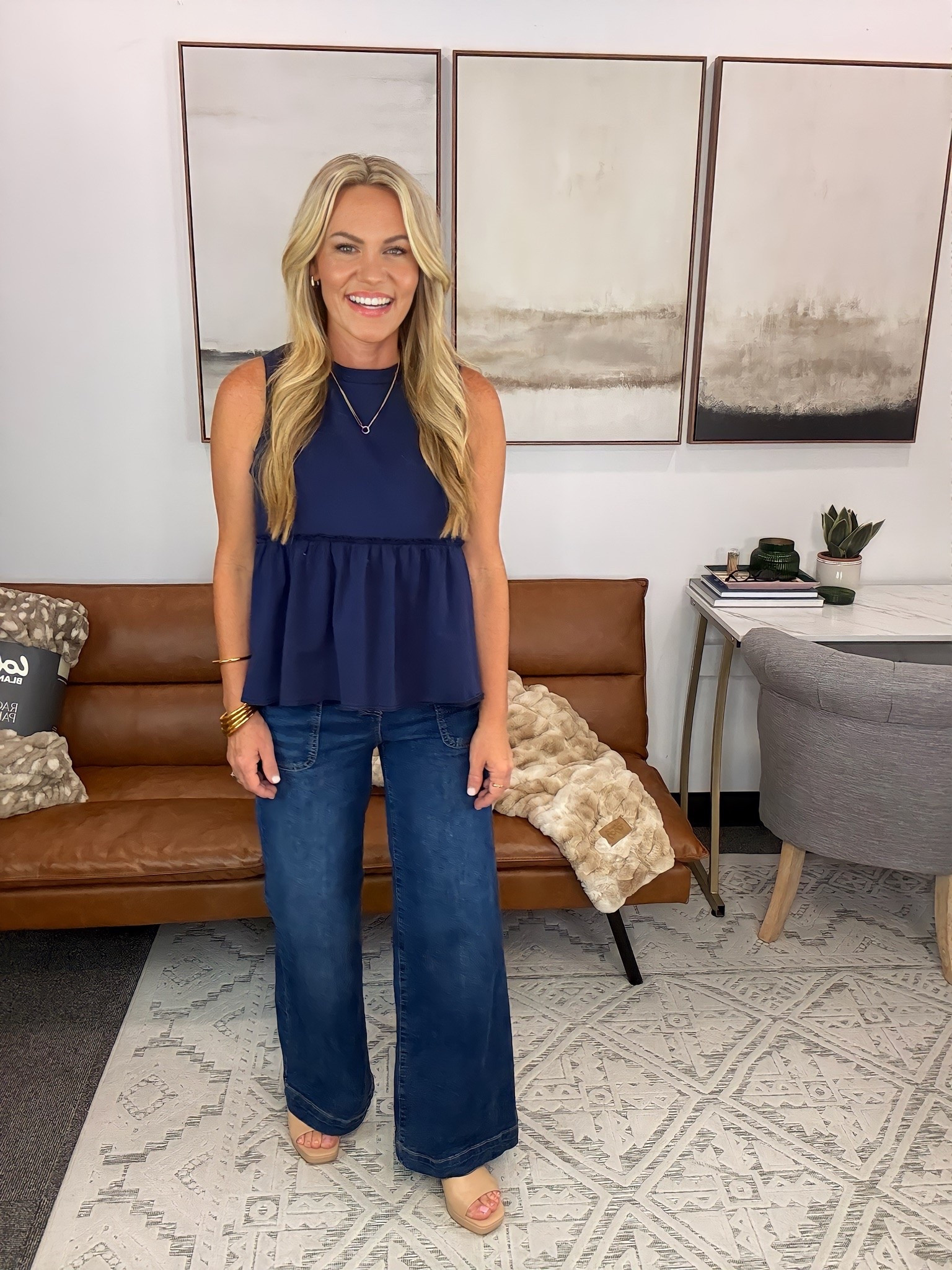 The kind of outfit I want when jeans are on the agenda but I still want something more interesting than a basic top. The swingy navy shape gives you plenty of room without overwhelming the wide leg denim, and I love the tonal blue on blue.

navy top, wide leg jeans, denim outfit, casual workwear, office outfit, business casual, fall outfit, elevated casual style, dark wash denim, everyday workwear, AudrieDollins

#LTKootd #LTKSeasonal #LTKOver40