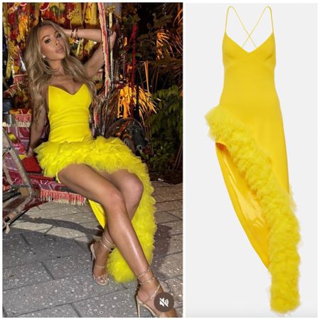 Lisa Hochstein’s Yellow Tulle Asymmetrical Ruffle Dress // Sandals linked in Gunmetal 📸 = @lisahochstein