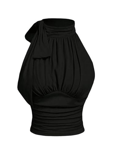 OYOANGLE Women's Tie Neck Tank Tops Sleeveless Mock Neck Slim Fit Ruched Elegant Business Casual Work Party Blouses Black Medium | Amazon (US)