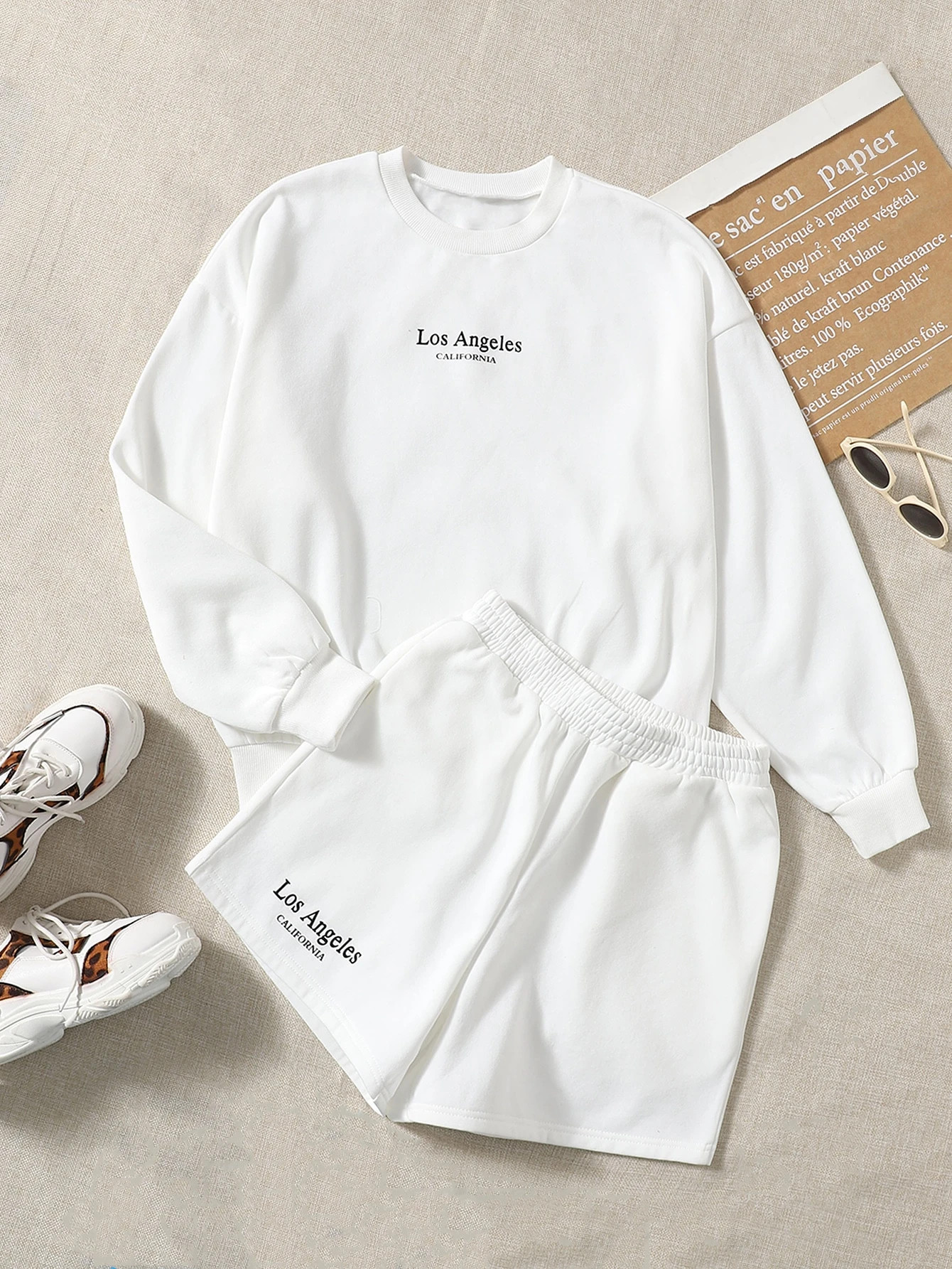 SHEIN EZwear Letter Graphic Drop Shoulder Pullover & Shorts  SKU: sw2106191607383910(1000+ Review... | SHEIN