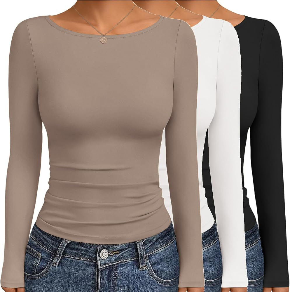 Ekouaer Womens 3 Packs Long Sleeve Shirts Fit Boat Neck Ruched Thermal Tops | Amazon (US)