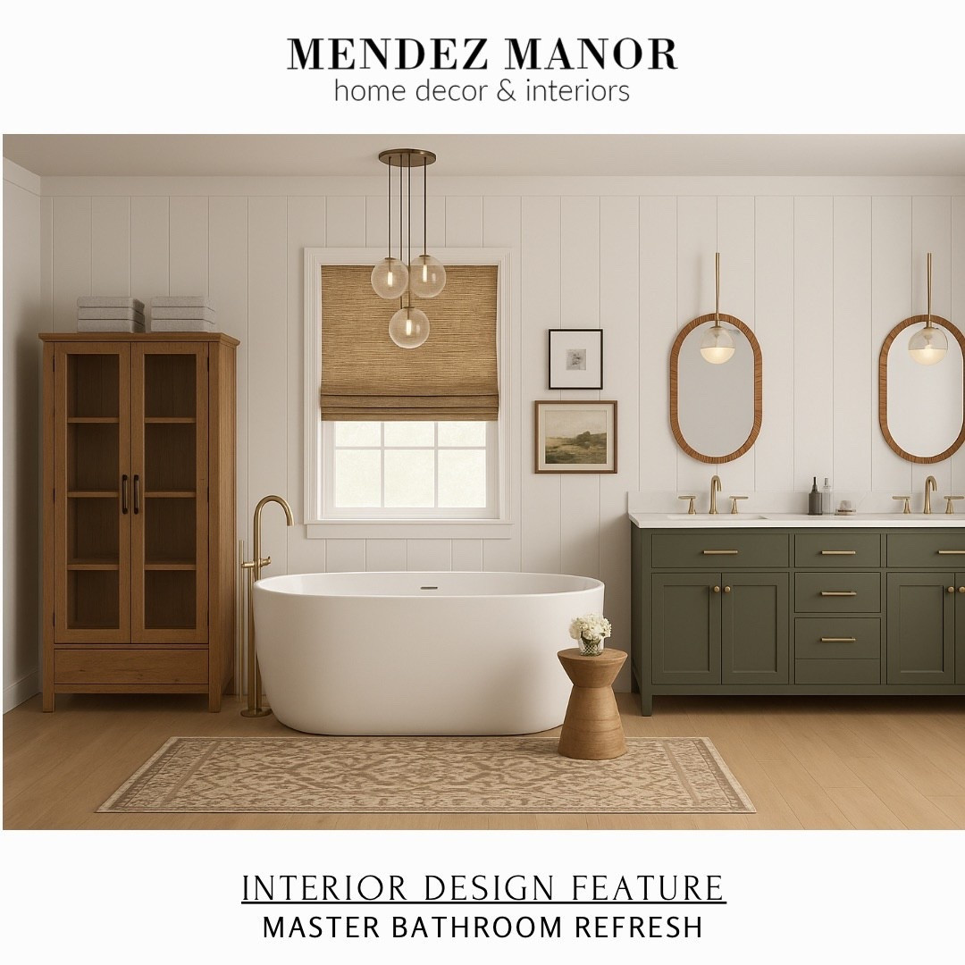 ✨ Just wrapped a master bathroom refresh for a virtual design client! The challenge? Creating a timeless update _without_ changing the layout or doing a full remodel.

Our design plan includes:
✔️ A stand-alone vanity
✔️ Statement mirrors + updated lighting
✔️ An eye-catching pendant over the tub
✔️ A natural wood curio cabinet for towel storage
✔️ Cozy runner + fresh hardware updates

Want to explore and shop the full design? Head to the link in my bio and click on the “Projects” tab. Stay tuned to my stories to watch the design come to life!

And if you’re dreaming of a refresh in your own home, I offer FREE 30-minute virtual design consults.

It’s a no-pressure way to get expert advice and ideas for your space.

Book your spot via link in bio using the “Book A Call” button.

#LTKStyleTip #LTKFamily #LTKHome