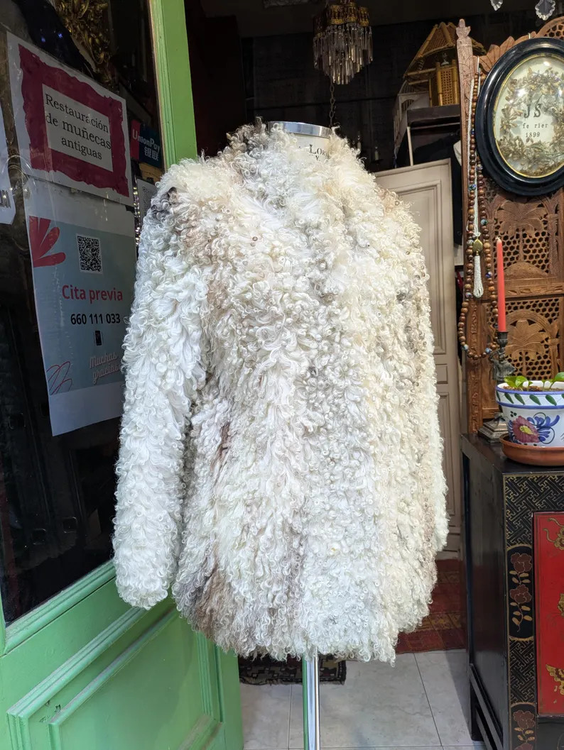 Vintage 1970s Ivory and Brown Curly Mongolian Lamb Jacket Open Front // Fashion Furly Coat | Etsy (Global)