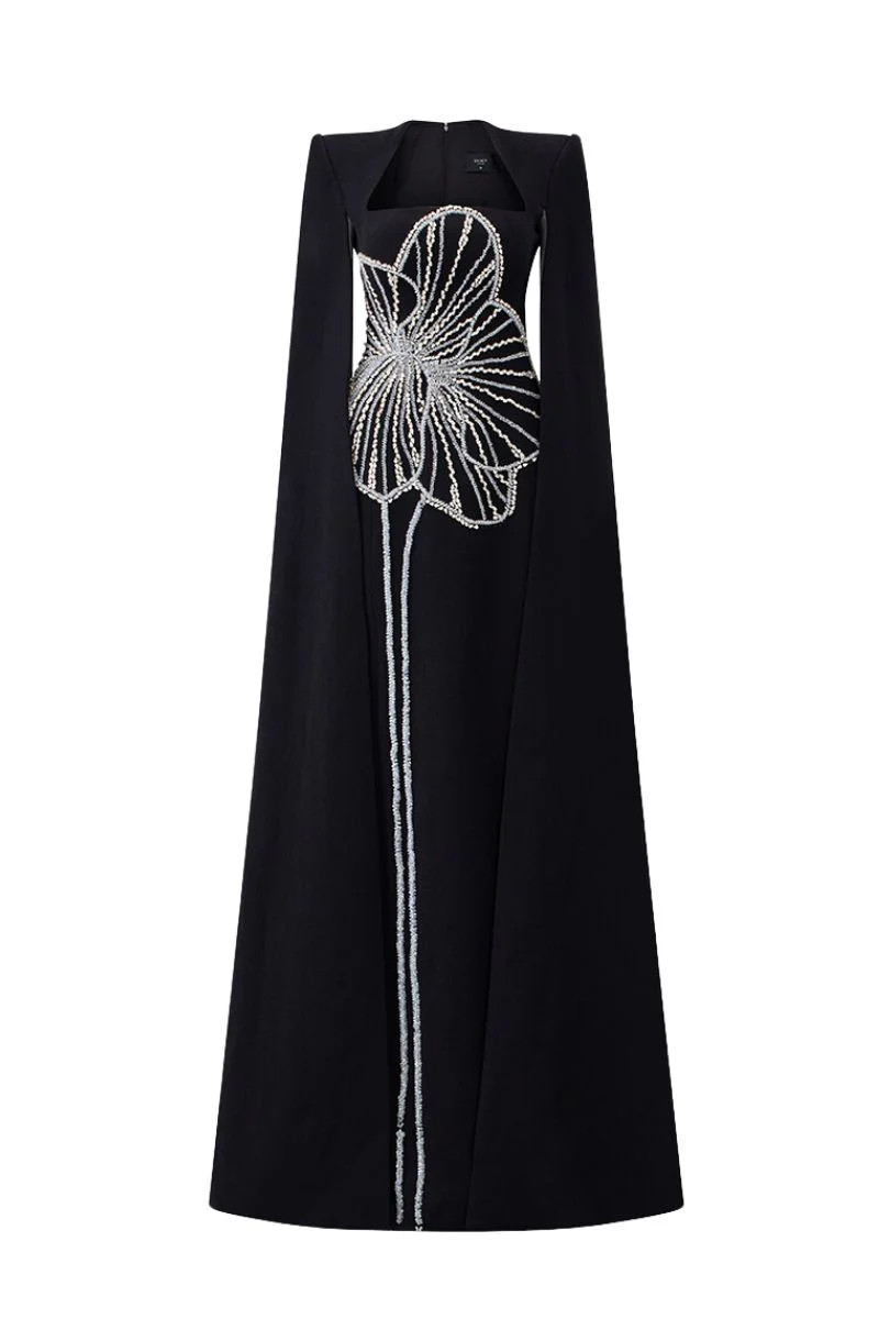 CRYSTAL FLORAL PATTERNED BLACK GOWN | Tracy Studio | CULT MIA | CULT MIA UK LTD