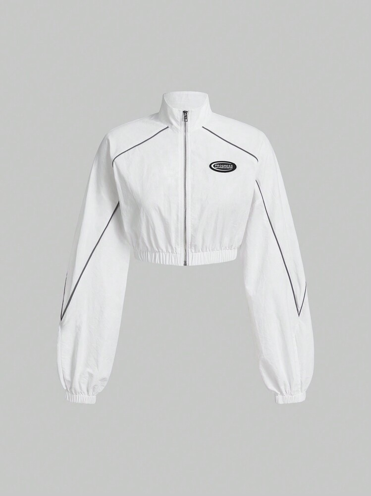 SHEIN ICON Letter Patched Detail Contrast Piping Crop Black Jacket In Fall/Winter | SHEIN