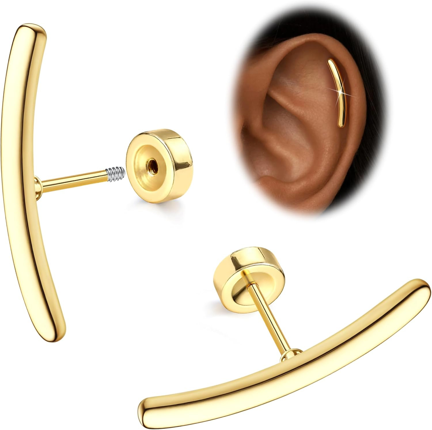 JeryWe Cartilage Earrings for Women Hypoallergenic Flat Back Earrings Surgical Steel for Sensitive Ears Flatback Stud Earring Helix Conch Tragus Daith Piercing Jewelry 16G | Amazon (US)