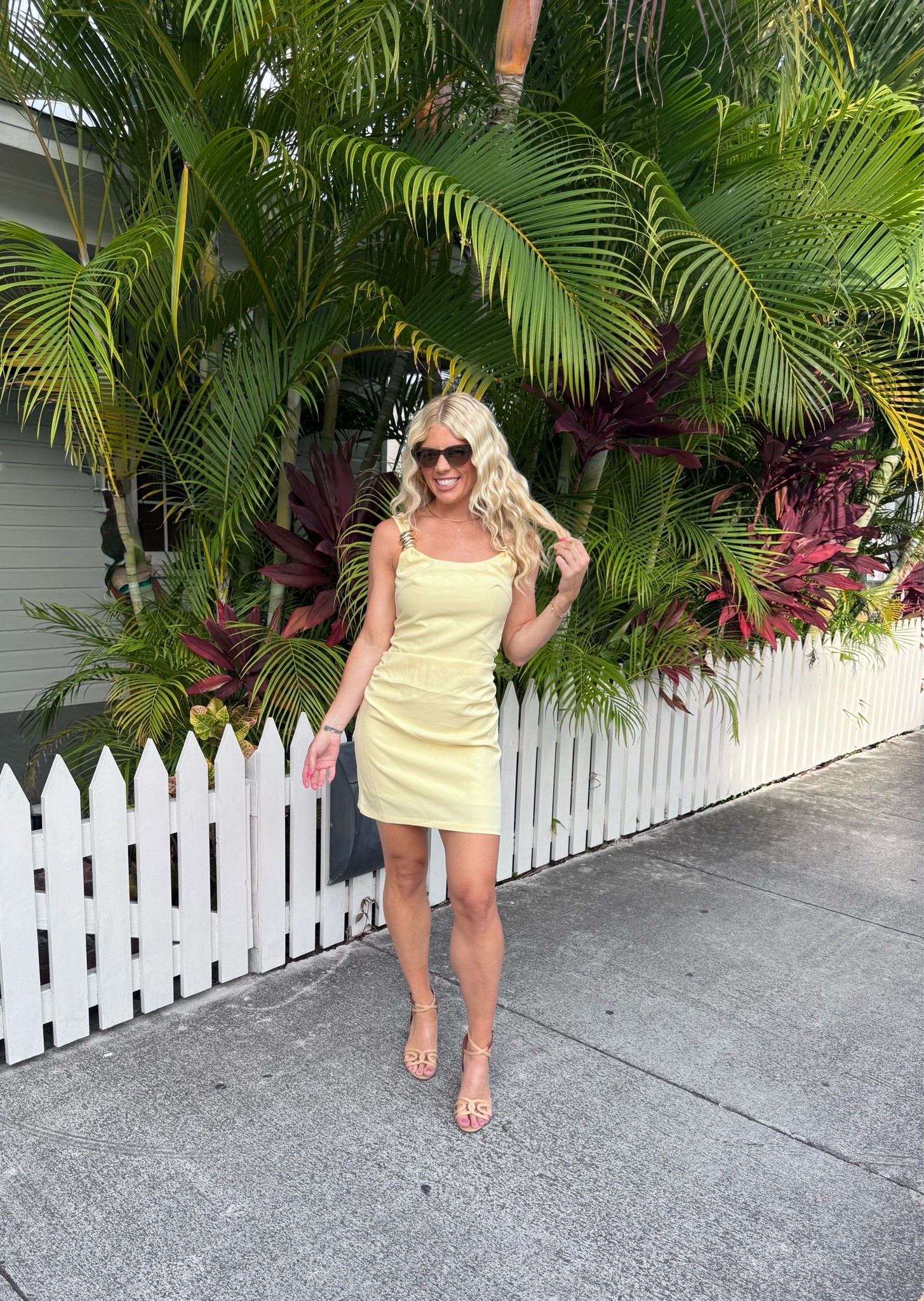 Vacation dress for dinner! Little yellow mini dress. Wearing a size small with a block heel

#LTKootd