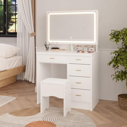 Makeup Vanity Desk with Mirror and Lights, Vanity Table Set with 31" Large HD Mirror, 5 Drawers, ... | Amazon (US)