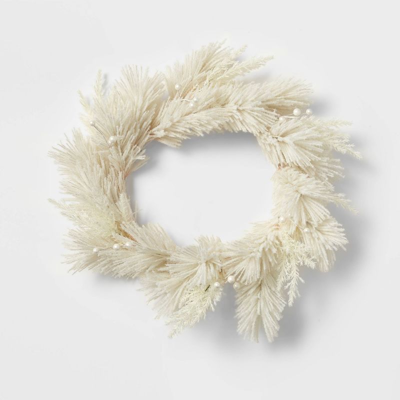 22&#34; Flocked Faux Pampas Grass Hard Needle Artificial Christmas Wreath with Pearl Berries Ivor... | Target