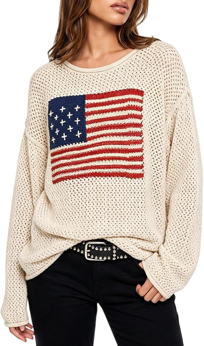 American Flag Sweater for Women Crochet Knit Long Sleeve USA Crewneck Sweatshirt Hollow Out 4th o... | Amazon (US)