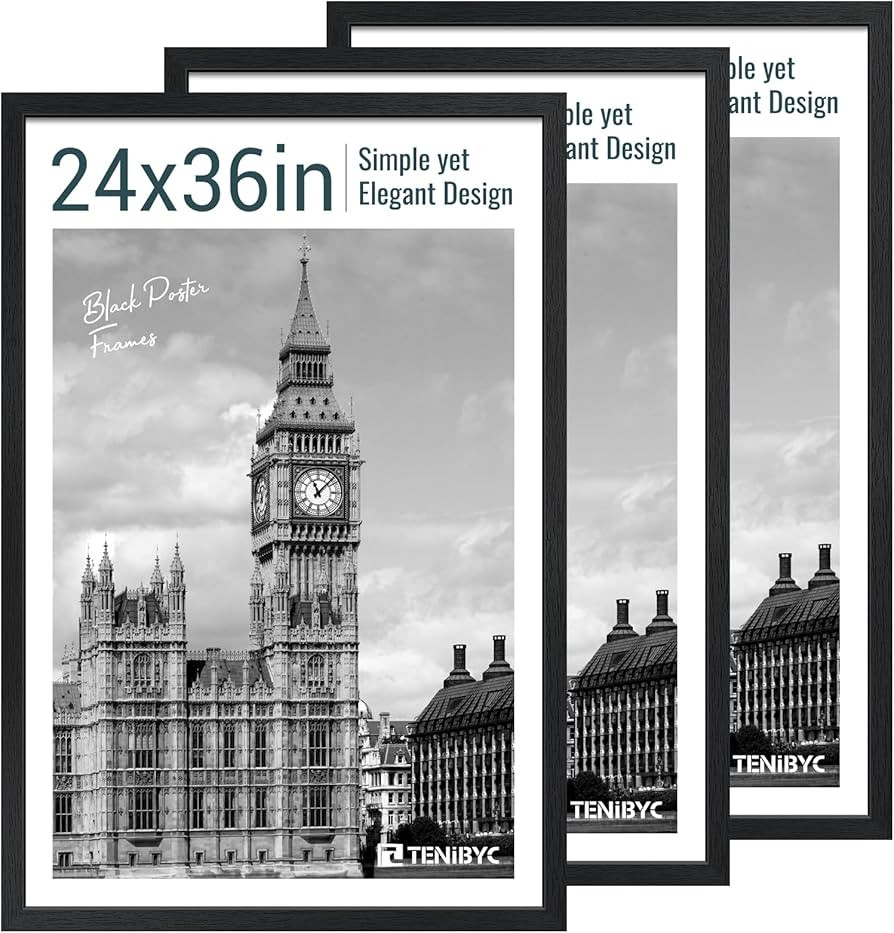 24x36 Poster Frame 3 Pack - Black Woodgrain, Solid Wood Picture Frame, Wall Gallery Frame - Wall ... | Amazon (US)