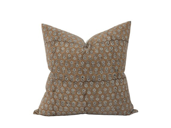 MAEVE  Caramel Brown Block Print Linen Pillow Cover Floral - Etsy | Etsy (US)