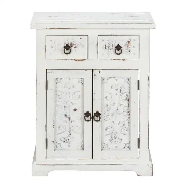 LuxuryLivingFurniture Solid Wood Loft Carved 2-Drawer 2-Door Cabinet, White Distressed | Bed Bath & Beyond