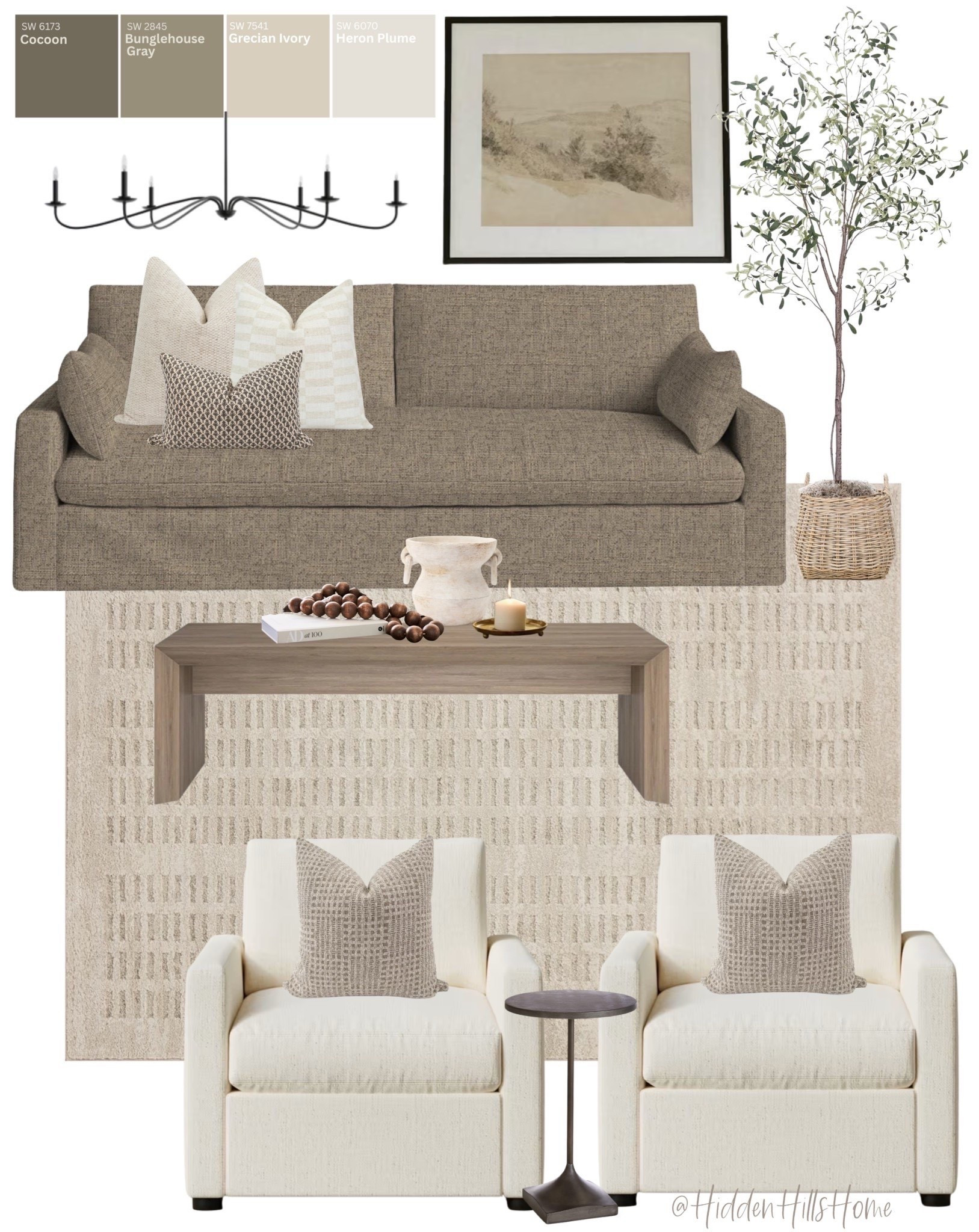 Cozy living room decor mood board! Living room rug, sofa, coffee table decor, accent chairs, cozy home design, olive tree, living room inspiration #livingroom

#LTKSeasonal #LTKHome #LTKSaleAlert