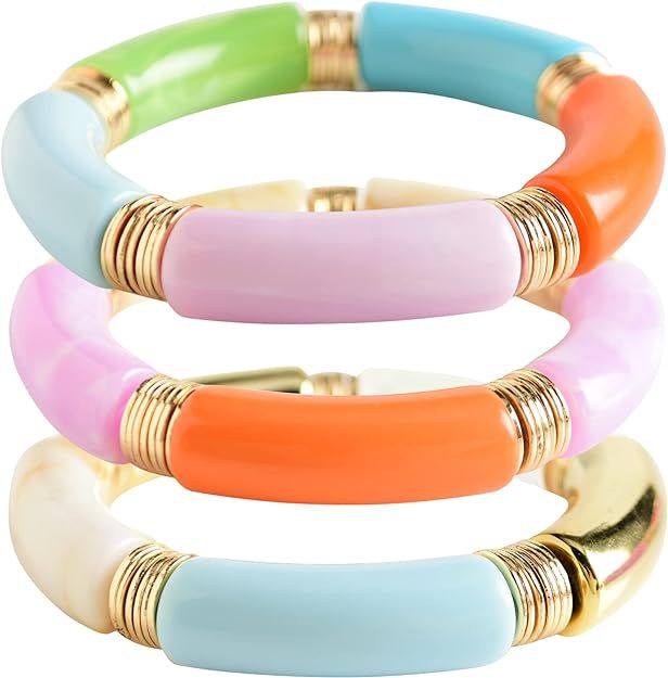 GOOJIDS Bamboo Tube Bangles Bracelet Chunky Curved Stacking Clear Acrylic Colorful Beads Stretcha... | Amazon (US)
