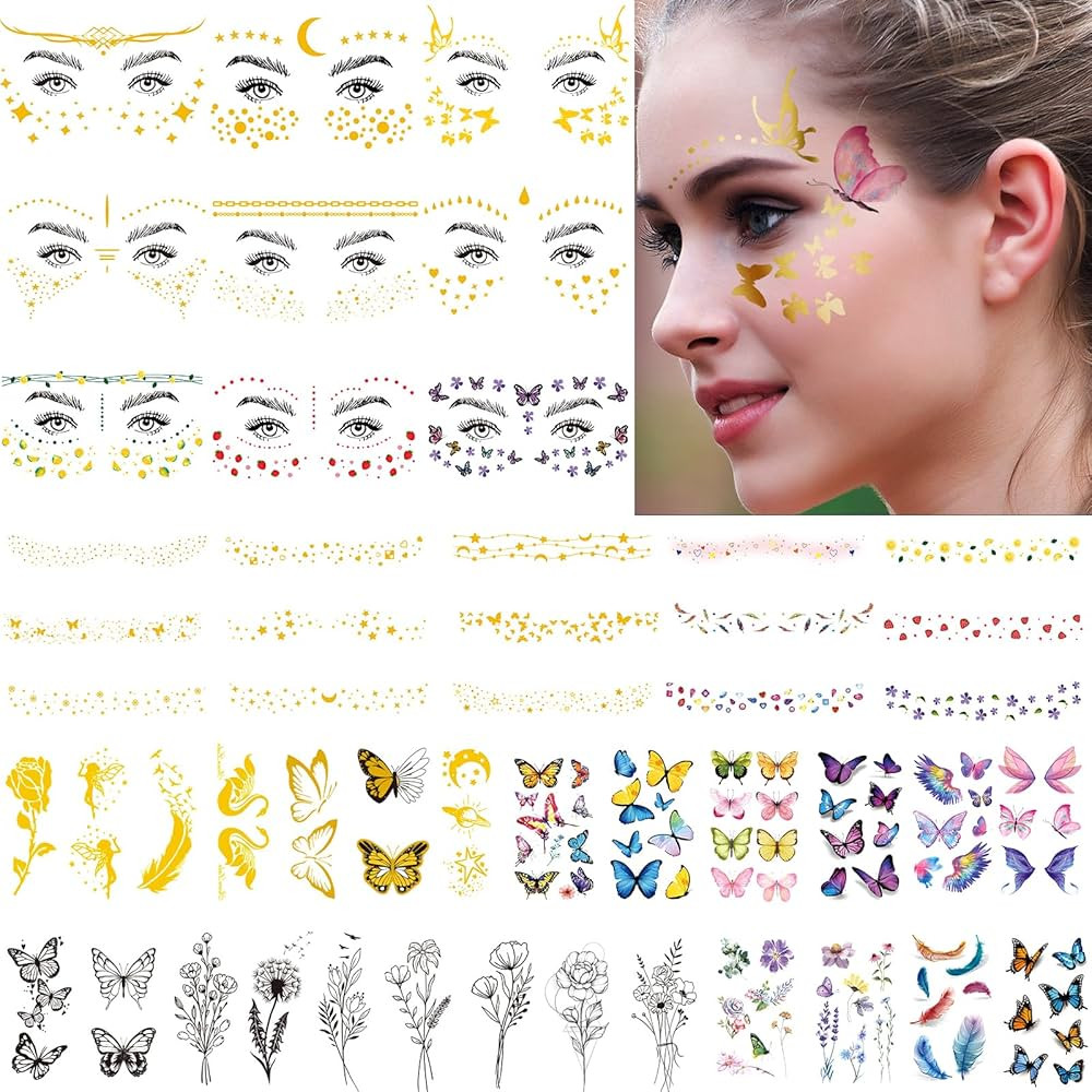 54 Sheets Gold Glitter Freckles Face Tattoo, 150+ Pcs Halloween Face Glitter Temporary Tattoo Sti... | Amazon (US)