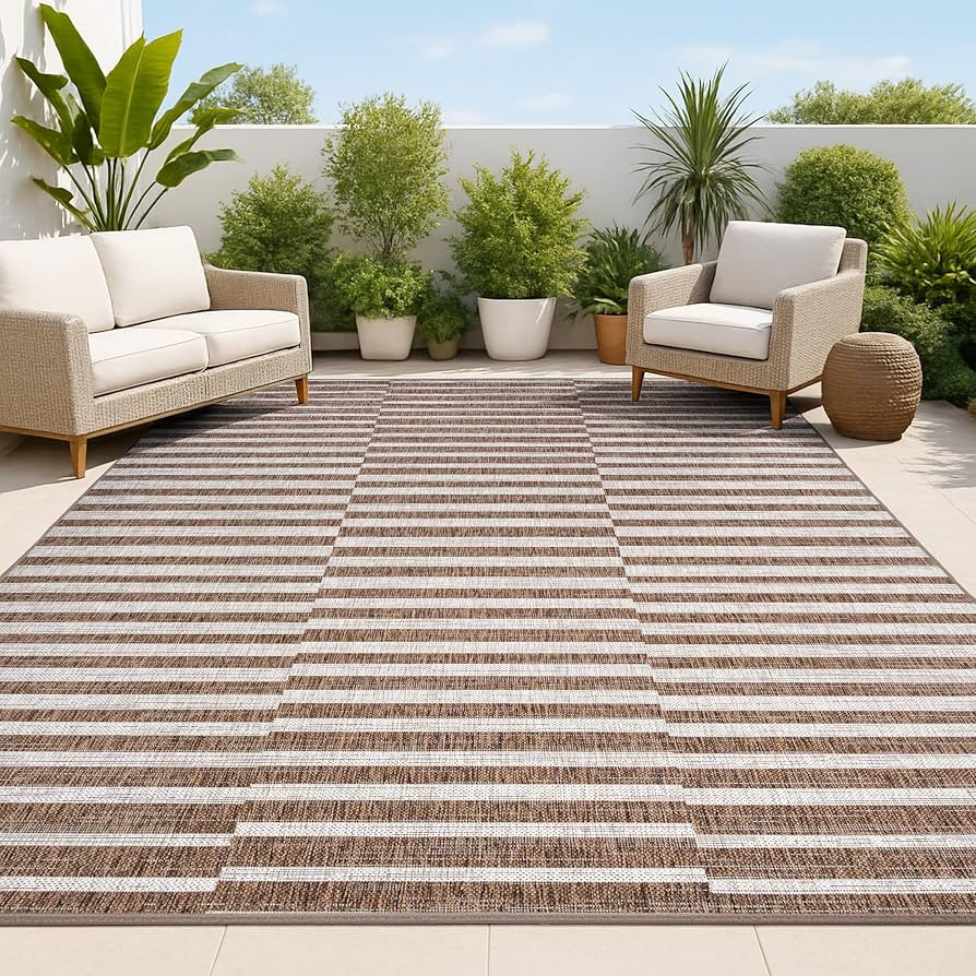 JONATHAN Y Offset Stripe Indoor Outdoor Area Rug 4X6 Brown/Beige, Sukie Modern for Backyard, Pati... | Amazon (US)
