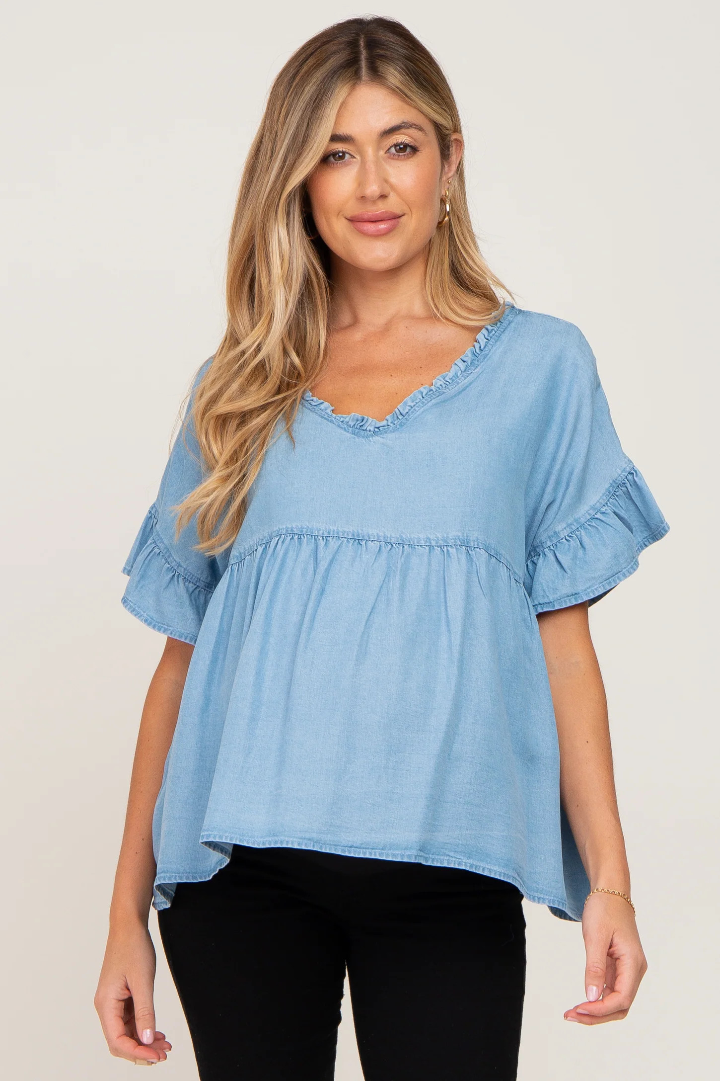 Blue Chambray Ruffle Peplum Maternity Blouse | PinkBlush Maternity