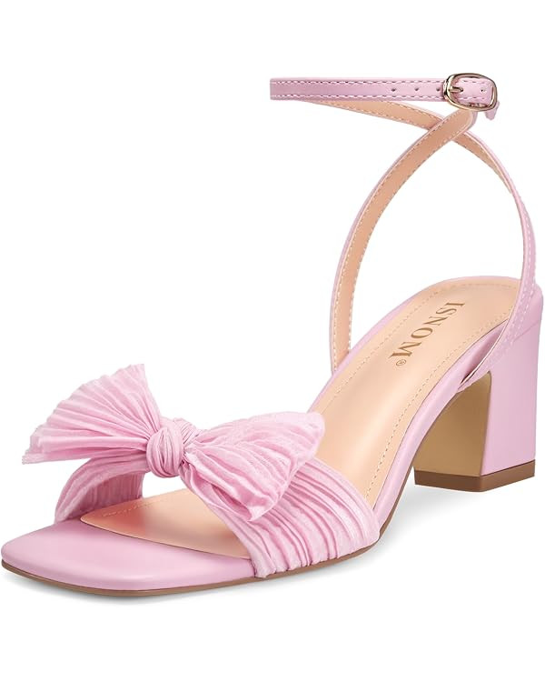 ISNOM Women's Bow Knot Heeled Sandals Square Toe Ankle Strap Dress Shoes | Amazon (US)