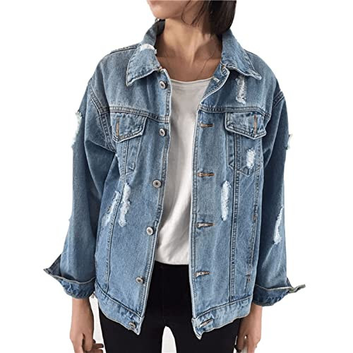 Saukiee Oversized Denim Jacket Distressed Boyfriend Jean Coat Jeans Trucker Jacket for Women Girls Lightblie S | Amazon (US)