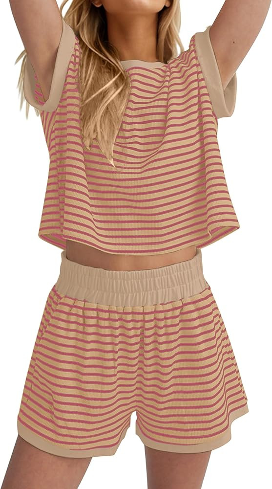 MISSACTIVER 2 Piece Lounge Set Women Stripe Knit Short Sleeve Tee Shirts Shorts Casual Summer Lou... | Amazon (US)