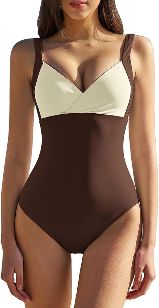 QINSEN Womens Sexy V Neck One Piece Bathing Suit Color Block Swimsuit High Waist Monokini | Amazon (US)
