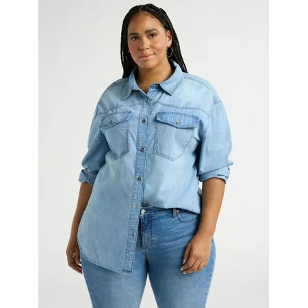 Sofia by Sofia Vergara Women's and Women's Plus Sofia Oversized Boyfriend Shirt with Long Sleeves, Sizes XS-4X | Walmart (US)