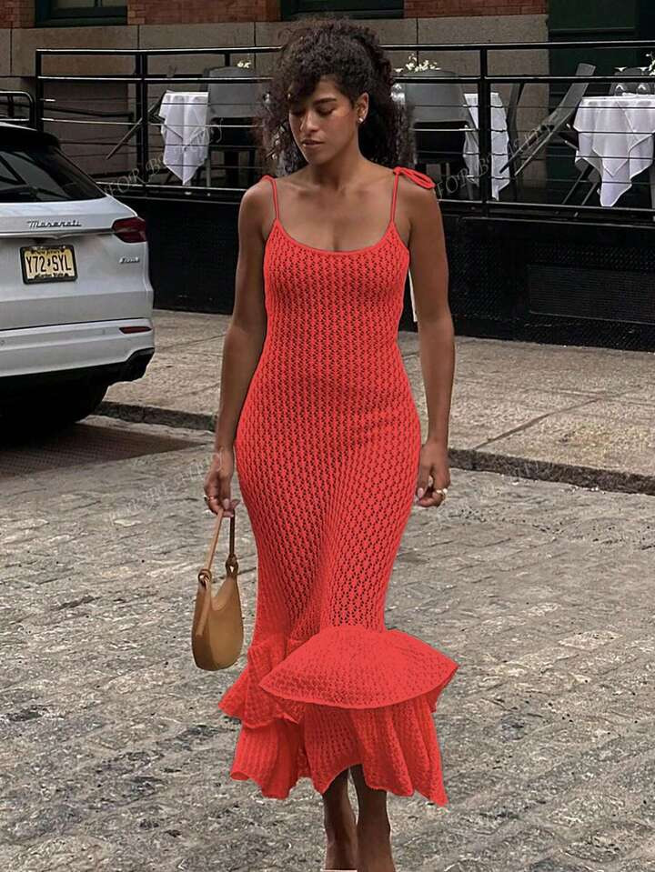 Spring And Summer New Burgundy Red Sexy Backless Knitted Sundresses For Women For Women, Fashiona... | SHEIN