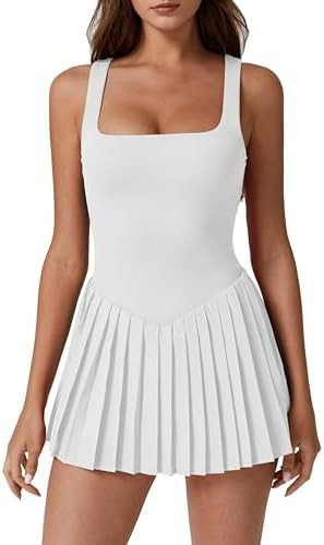 QINSEN Womens Square Neck Tennis Dress Pleated Sleeveless Built in Shorts Golf Athletic Dress wit... | Amazon (US)