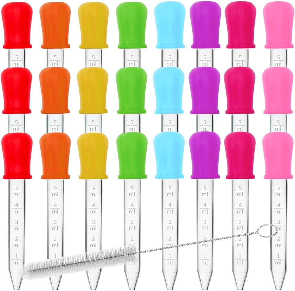 YLMUSU 24 Pack Liquid Droppers with a Clean Brush, 5ML 8 Colors Silicone and Plastic Pipettes wit... | Amazon (US)