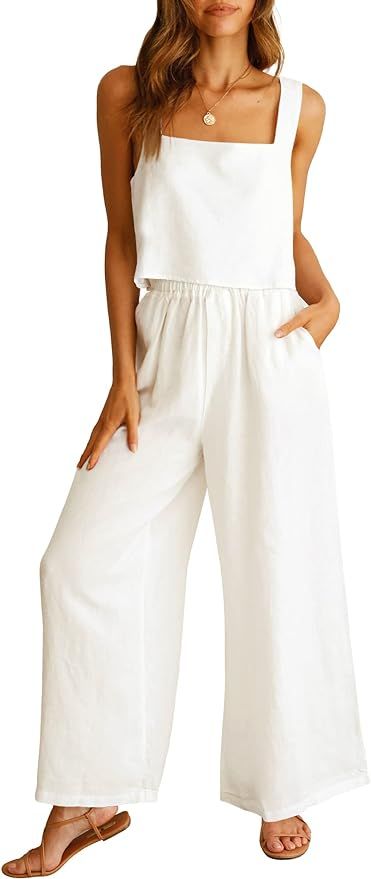 Prinbara Women's 2 Piece Outfits Lounge Sets Sleeveless Square Neck Linen Tank Crop Top Wide Leg ... | Amazon (US)