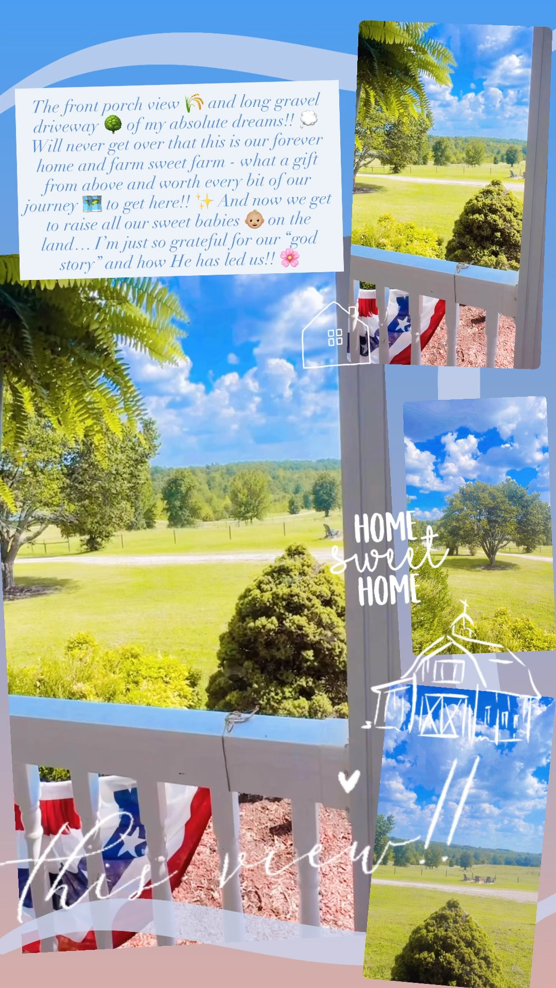 The front porch view 🌾 and long gravel driveway 🌳 of my absolute dreams!! 💭 Will never get over that this is our forever home and farm sweet farm - what a gift from above and worth every bit of our journey 🗺️ to get here!! ✨ And now we get to raise all our sweet babies 👶🏼 on the land… I’m just so grateful for our “god story” and how He has led us!! 🌸