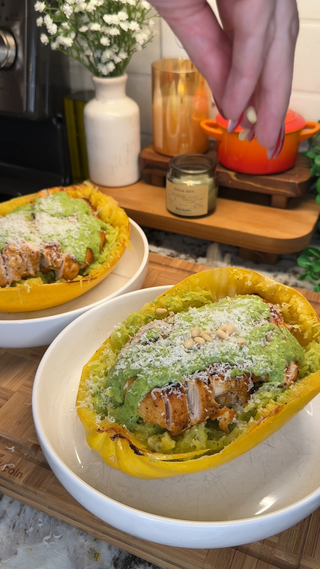 big fans of spaghetti squash for a healthy & super easy dinner for two! topped with juicy chicken & homemade pesto- it’s the perfect simple spring meal🌿✨

Ingredients:
- 1 large spaghetti squash, cut in half and remove seeds (rub with olive oil and sprinkle with salt & pepper)
*bake at 400°F for about 40 minutes

- large chicken breasts, spray with avocado oil and season generously with salt, pepper, onion powder, garlic powder, paprika

pesto:
- 1/3 cup olive oil
- 3 cloves garlic
- 1/4 cup pine nuts
- juice of 1 large lemon
- about 1/2 cup fresh basil
- 1/3 cup grated Parmesan
- salt and pepper to taste

#LTKSeasonal #LTKFamily #LTKHome
