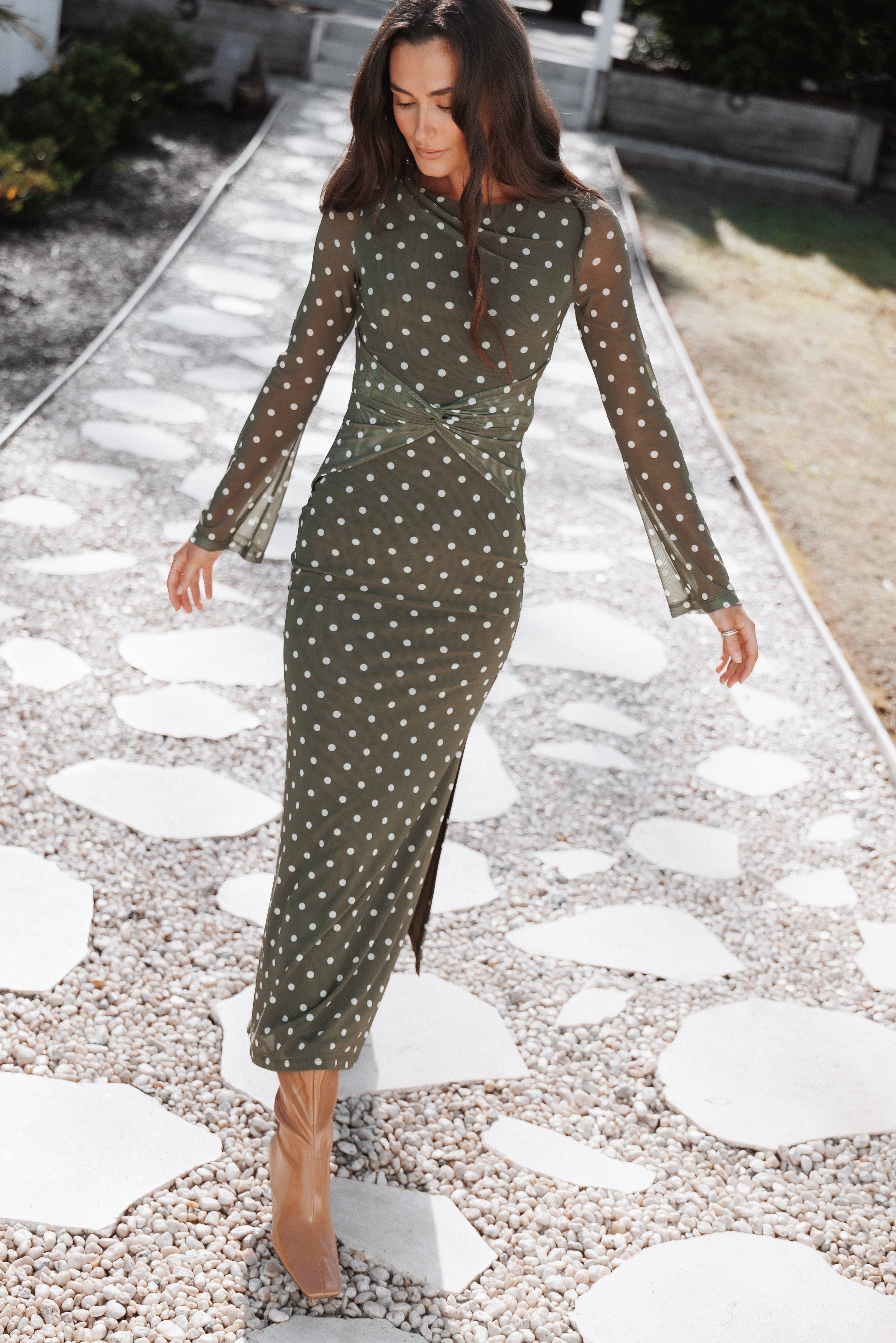 Nash Long Sleeve Dress - Olive Green Polka Dot | Petal & Pup (US)