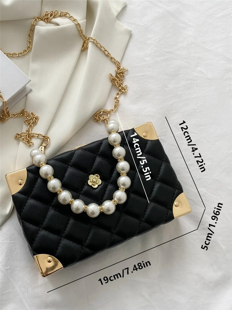 Solid Color Quilted Diamond Shaped Pearl & Rhinestone Decorated Handle Box Bag, Metal Chain Strap... | SHEIN